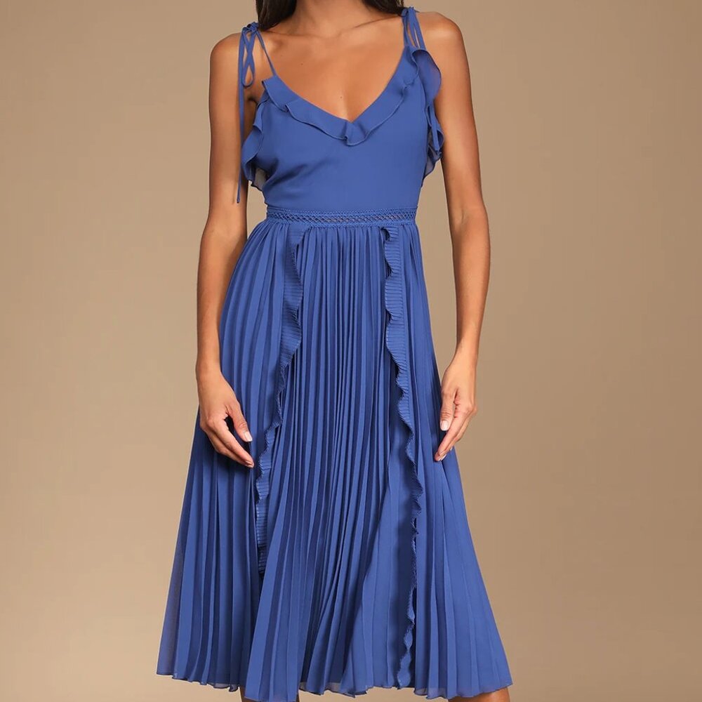 Lulus Never a Dull Moment Royal Blue Tie-Strap Pleated Midi Dress